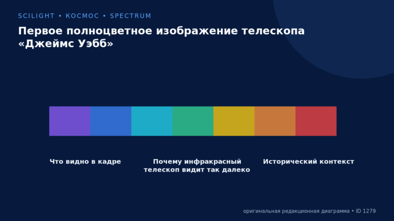 Схема к статье «Первое полноцветное изображение телескопа «Джеймс Уэбб»»: Что видно в кадре, Почему инфракрасный телескоп видит так далеко, Исторический контекст