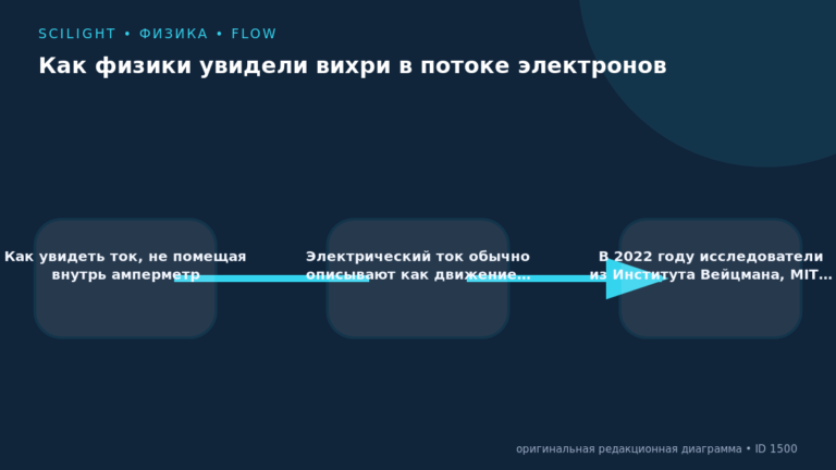 Схема к статье «Как физики увидели вихри в потоке электронов»: Как увидеть ток, не помещая внутрь амперметр, Электрический ток обычно описывают как движение…, В 2022 году исследователи из Института Вейцмана, MIT…