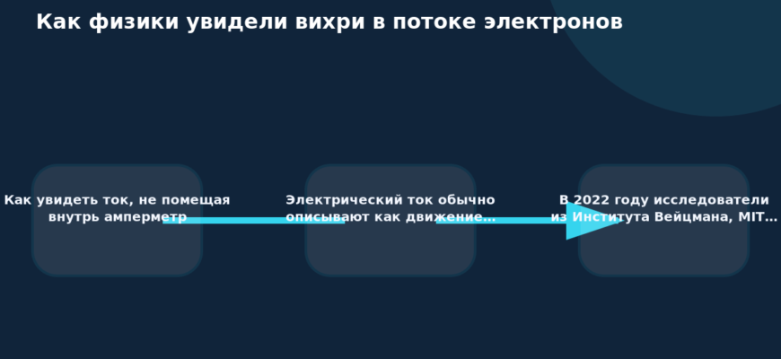 Схема к статье «Как физики увидели вихри в потоке электронов»: Как увидеть ток, не помещая внутрь амперметр, Электрический ток обычно описывают как движение…, В 2022 году исследователи из Института Вейцмана, MIT…