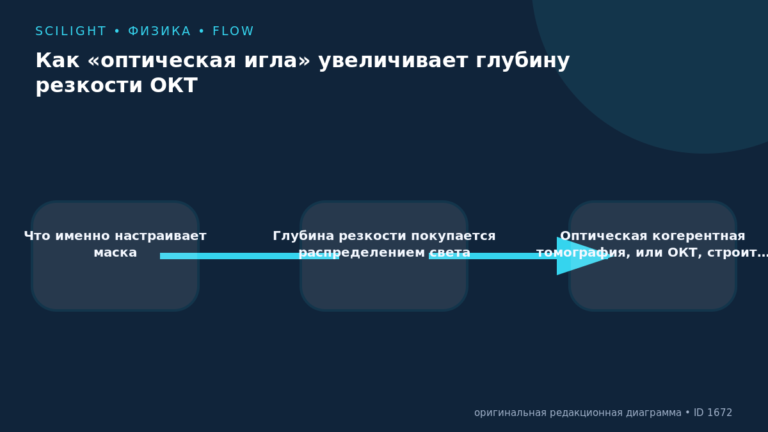 Схема к статье «Как «оптическая игла» увеличивает глубину резкости ОКТ»: Что именно настраивает маска, Глубина резкости покупается распределением света, Оптическая когерентная томография, или ОКТ, строит…