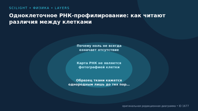 Схема к статье «Одноклеточное РНК-профилирование: как читают различия между клетками»: Почему ноль не всегда означает отсутствие, Карта РНК не является фотографией клетки, Образец ткани кажется однородным лишь до тех пор…