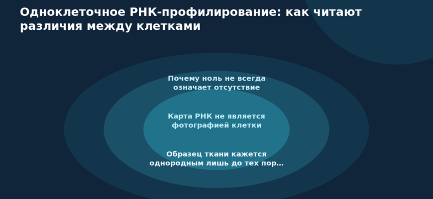 Схема к статье «Одноклеточное РНК-профилирование: как читают различия между клетками»: Почему ноль не всегда означает отсутствие, Карта РНК не является фотографией клетки, Образец ткани кажется однородным лишь до тех пор…