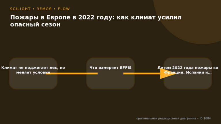 Схема к статье «Пожары в Европе в 2022 году: как климат усилил опасный сезон»: Климат не поджигает лес, но меняет условия, Что измеряет EFFIS, Летом 2022 года пожары во Франции, Испании и…