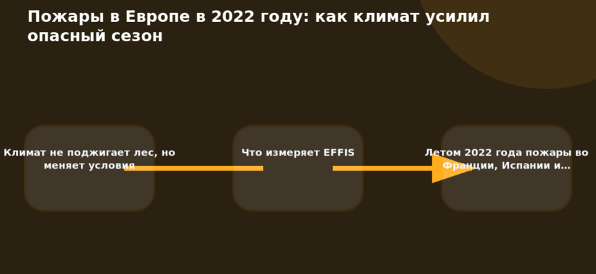 Схема к статье «Пожары в Европе в 2022 году: как климат усилил опасный сезон»: Климат не поджигает лес, но меняет условия, Что измеряет EFFIS, Летом 2022 года пожары во Франции, Испании и…