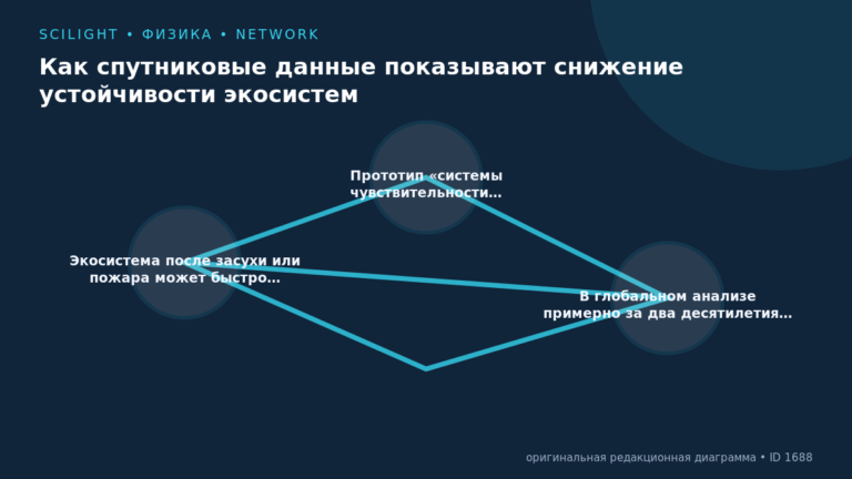 Схема к статье «Как спутниковые данные показывают снижение устойчивости экосистем»: Экосистема после засухи или пожара может быстро…, Прототип «системы чувствительности…, В глобальном анализе примерно за два десятилетия…