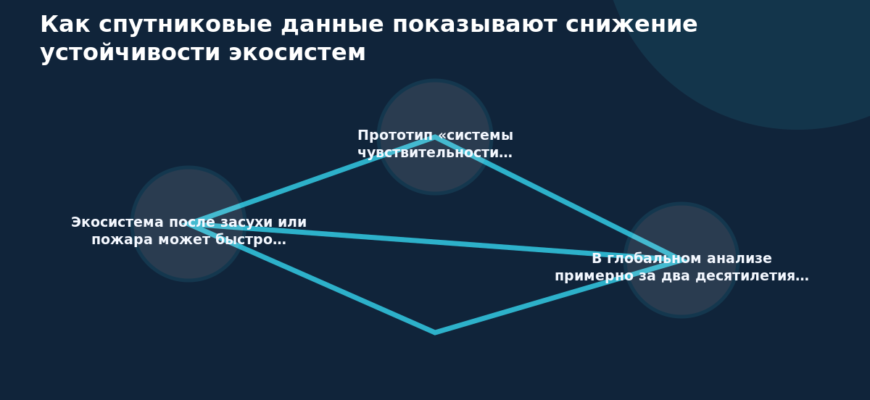 Схема к статье «Как спутниковые данные показывают снижение устойчивости экосистем»: Экосистема после засухи или пожара может быстро…, Прототип «системы чувствительности…, В глобальном анализе примерно за два десятилетия…