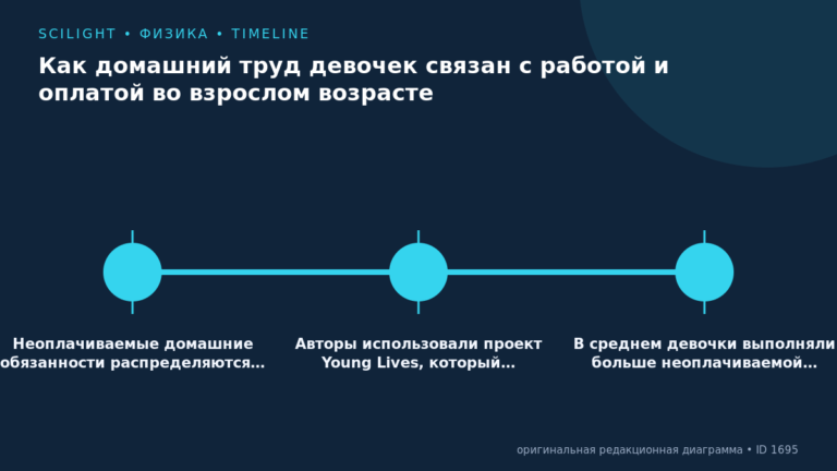 Схема к статье «Как домашний труд девочек связан с работой и оплатой во взрослом возрасте»: Неоплачиваемые домашние обязанности распределяются…, Авторы использовали проект Young Lives, который…, В среднем девочки выполняли больше неоплачиваемой…