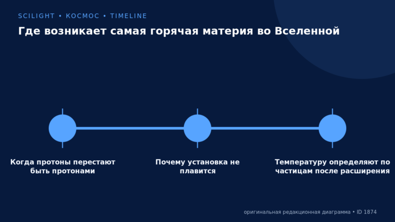 Схема к статье «Где возникает самая горячая материя во Вселенной»: Когда протоны перестают быть протонами, Почему установка не плавится, Температуру определяют по частицам после расширения
