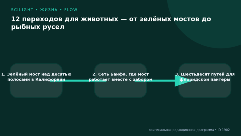 Схема к статье «12 переходов для животных — от зелёных мостов до рыбных русел»: 1. Зелёный мост над десятью полосами в Калифорнии, 2. Сеть Банфа, где мост работает вместе с забором, 3. Шестьдесят путей для флоридской пантеры