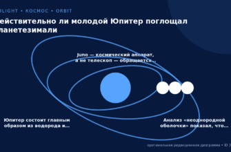 Схема к статье «Действительно ли молодой Юпитер поглощал планетезимали»: Юпитер состоит главным образом из водорода и…, Juno — космический аппарат, а не телескоп — обращается…, Анализ «неоднородной оболочки» показал, что…