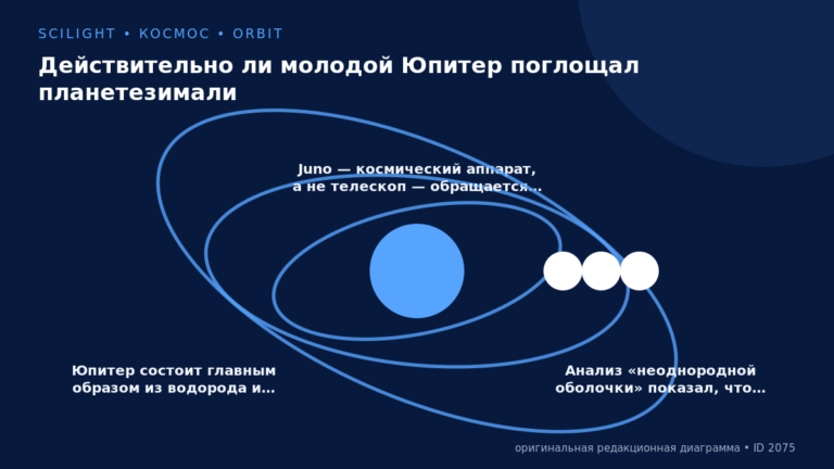 Схема к статье «Действительно ли молодой Юпитер поглощал планетезимали»: Юпитер состоит главным образом из водорода и…, Juno — космический аппарат, а не телескоп — обращается…, Анализ «неоднородной оболочки» показал, что…
