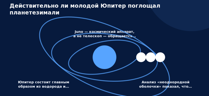 Схема к статье «Действительно ли молодой Юпитер поглощал планетезимали»: Юпитер состоит главным образом из водорода и…, Juno — космический аппарат, а не телескоп — обращается…, Анализ «неоднородной оболочки» показал, что…