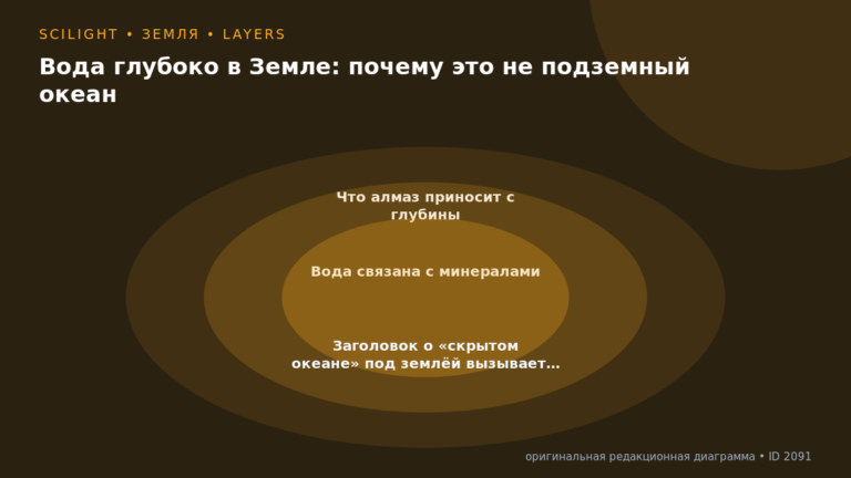 Схема к статье «Вода глубоко в Земле: почему это не подземный океан»: Что алмаз приносит с глубины, Вода связана с минералами, Заголовок о «скрытом океане» под землёй вызывает…