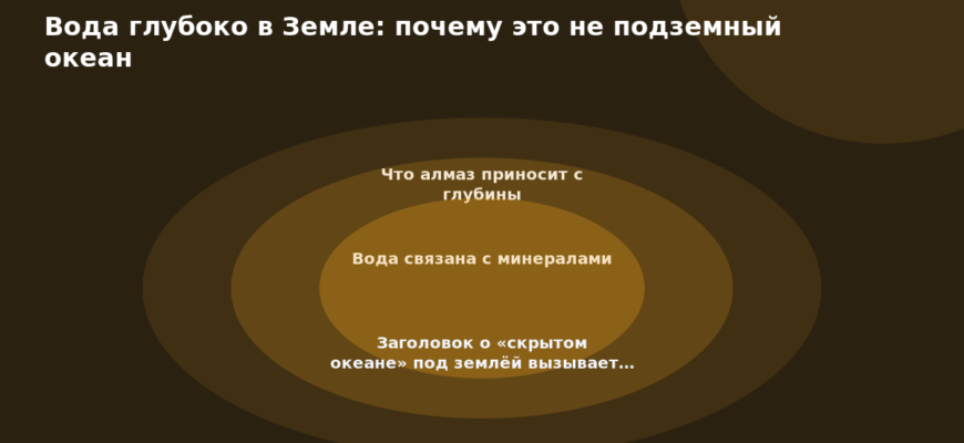Схема к статье «Вода глубоко в Земле: почему это не подземный океан»: Что алмаз приносит с глубины, Вода связана с минералами, Заголовок о «скрытом океане» под землёй вызывает…
