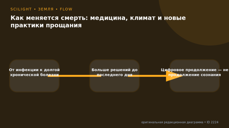 Схема к статье «Как меняется смерть: медицина, климат и новые практики прощания»: От инфекции к долгой хронической болезни, Больше решений до последнего дня, Цифровое продолжение — не продолжение сознания