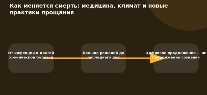 Схема к статье «Как меняется смерть: медицина, климат и новые практики прощания»: От инфекции к долгой хронической болезни, Больше решений до последнего дня, Цифровое продолжение — не продолжение сознания