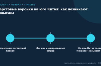 Схема к статье «Карстовые воронки на юге Китая: как возникают тянькэны»: Как появляется гигантский провал, Лес как изолированный остров, На юге Китая словом «тянькэн» называют не…