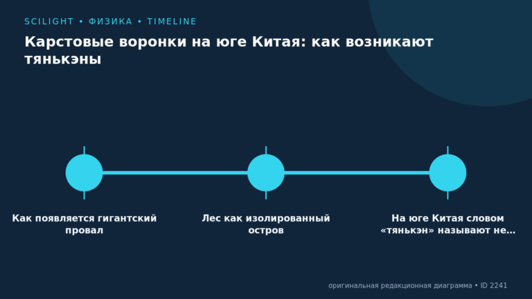 Схема к статье «Карстовые воронки на юге Китая: как возникают тянькэны»: Как появляется гигантский провал, Лес как изолированный остров, На юге Китая словом «тянькэн» называют не…