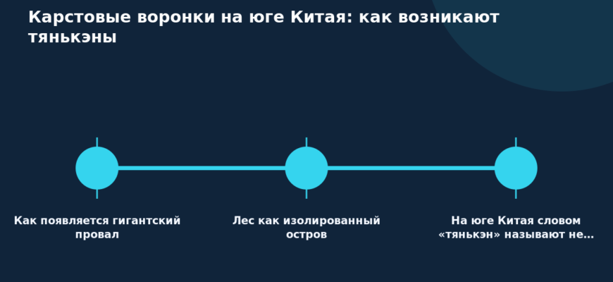 Схема к статье «Карстовые воронки на юге Китая: как возникают тянькэны»: Как появляется гигантский провал, Лес как изолированный остров, На юге Китая словом «тянькэн» называют не…