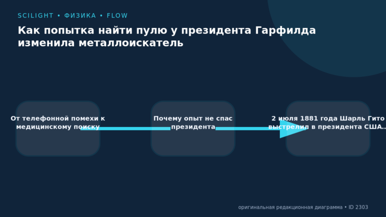 Схема к статье «Как попытка найти пулю у президента Гарфилда изменила металлоискатель»: От телефонной помехи к медицинскому поиску, Почему опыт не спас президента, 2 июля 1881 года Шарль Гито выстрелил в президента США…