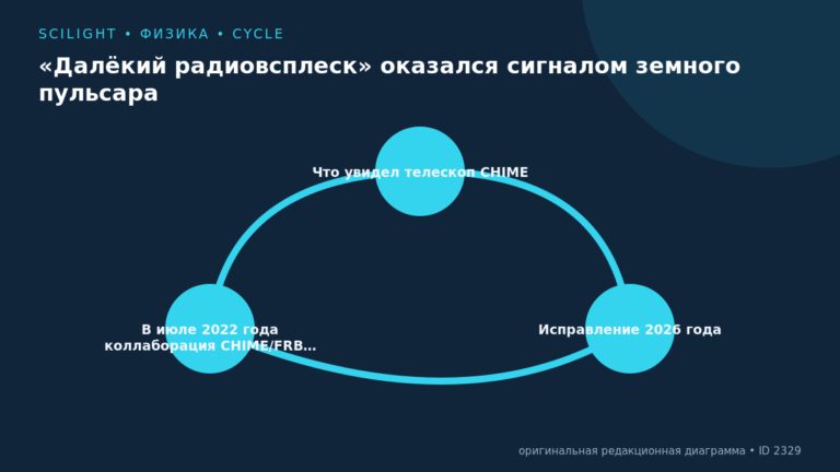 Схема к статье ««Далёкий радиовсплеск» оказался сигналом земного пульсара»: Что увидел телескоп CHIME, Исправление 2026 года, В июле 2022 года коллаборация CHIME/FRB…