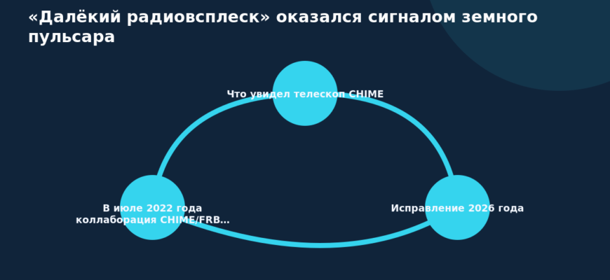 Схема к статье ««Далёкий радиовсплеск» оказался сигналом земного пульсара»: Что увидел телескоп CHIME, Исправление 2026 года, В июле 2022 года коллаборация CHIME/FRB…