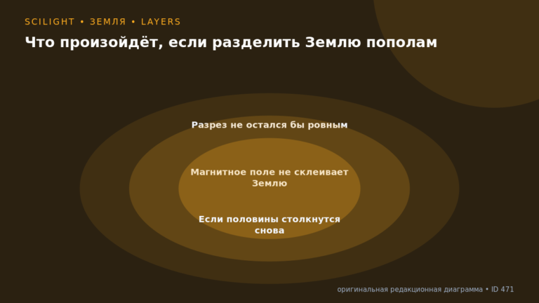 Схема к статье «Что произойдёт, если разделить Землю пополам»: Разрез не остался бы ровным, Магнитное поле не склеивает Землю, Если половины столкнутся снова