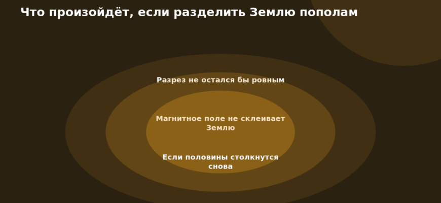 Схема к статье «Что произойдёт, если разделить Землю пополам»: Разрез не остался бы ровным, Магнитное поле не склеивает Землю, Если половины столкнутся снова