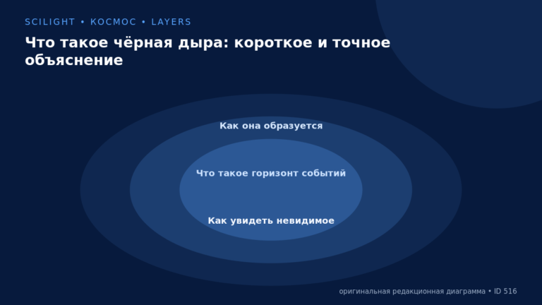 Схема к статье «Что такое чёрная дыра: короткое и точное объяснение»: Как она образуется, Что такое горизонт событий, Как увидеть невидимое
