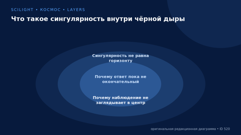 Схема к статье «Что такое сингулярность внутри чёрной дыры»: Сингулярность не равна горизонту, Почему ответ пока не окончательный, Почему наблюдение не заглядывает в центр