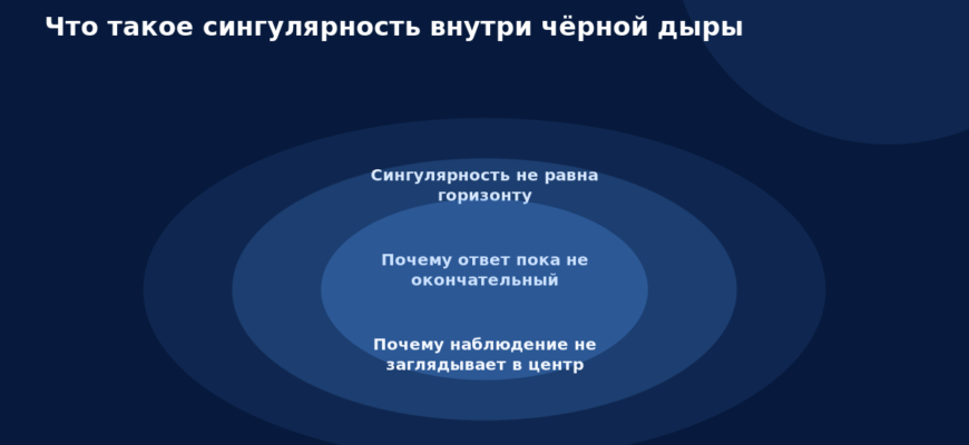 Схема к статье «Что такое сингулярность внутри чёрной дыры»: Сингулярность не равна горизонту, Почему ответ пока не окончательный, Почему наблюдение не заглядывает в центр