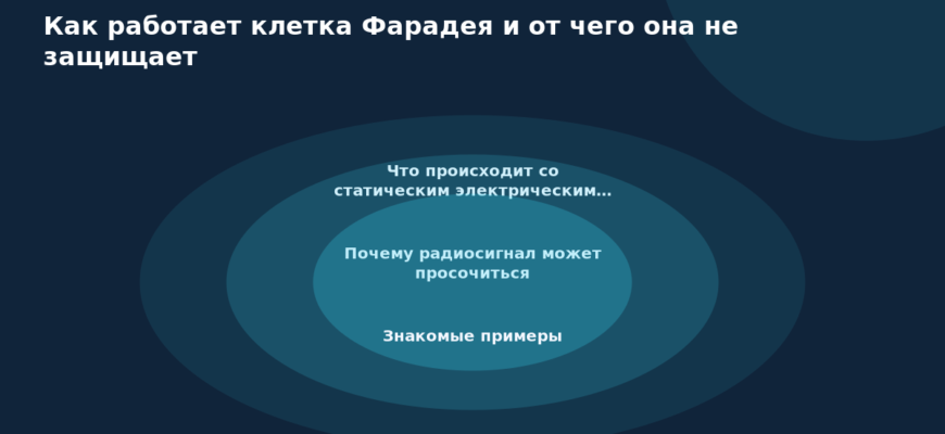 Схема к статье «Как работает клетка Фарадея и от чего она не защищает»: Что происходит со статическим электрическим…, Почему радиосигнал может просочиться, Знакомые примеры