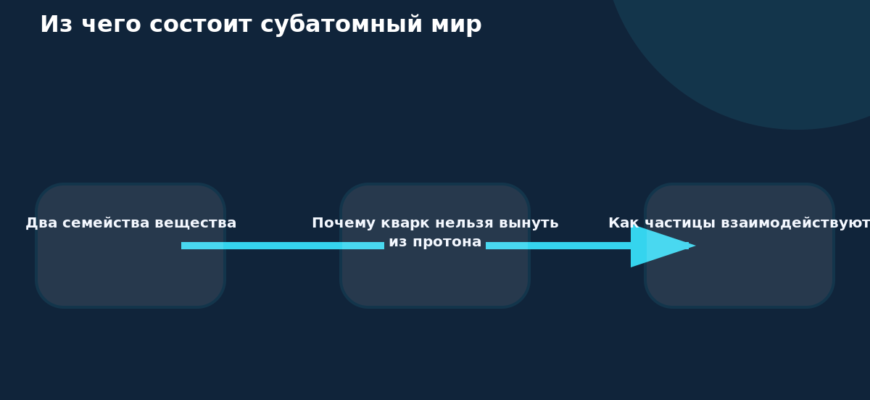 Три связанные области схемы показывают семьи частиц, конфайнмент кварков и взаимодействия