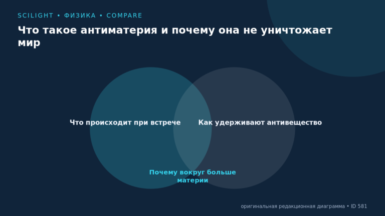 Схема к статье «Что такое антиматерия и почему она не уничтожает мир»: Что происходит при встрече, Как удерживают антивещество, Почему вокруг больше материи