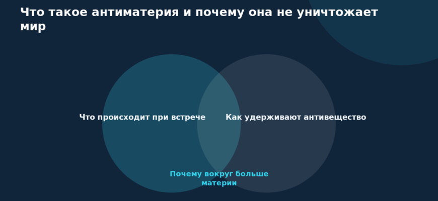 Схема к статье «Что такое антиматерия и почему она не уничтожает мир»: Что происходит при встрече, Как удерживают антивещество, Почему вокруг больше материи