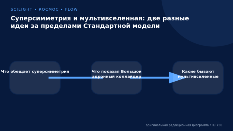 Схема к статье «Суперсимметрия и мультивселенная: две разные идеи за пределами Стандартной модели»: Что обещает суперсимметрия, Что показал Большой адронный коллайдер, Какие бывают мультивселенные