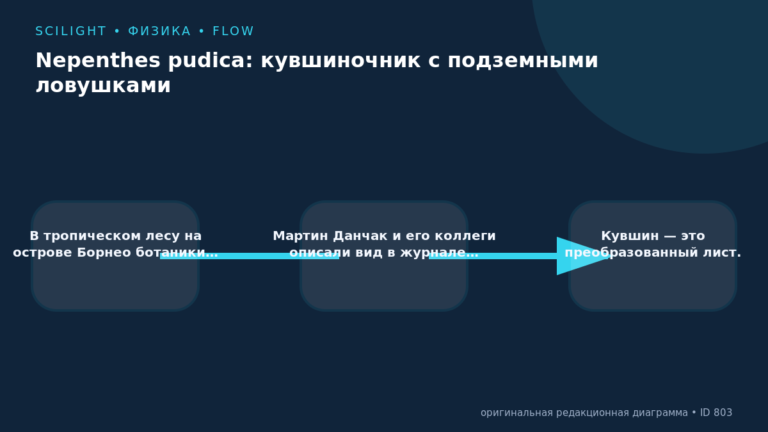 Схема к статье «Nepenthes pudica: кувшиночник с подземными ловушками»: В тропическом лесу на острове Борнео ботаники…, Мартин Данчак и его коллеги описали вид в журнале…, Кувшин — это преобразованный лист.