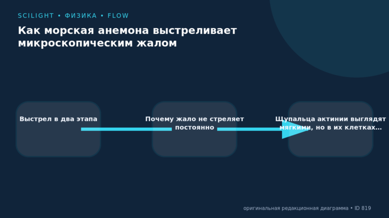Схема к статье «Как морская анемона выстреливает микроскопическим жалом»: Выстрел в два этапа, Почему жало не стреляет постоянно, Щупальца актинии выглядят мягкими, но в их клетках…