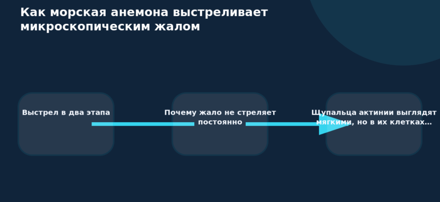 Схема к статье «Как морская анемона выстреливает микроскопическим жалом»: Выстрел в два этапа, Почему жало не стреляет постоянно, Щупальца актинии выглядят мягкими, но в их клетках…