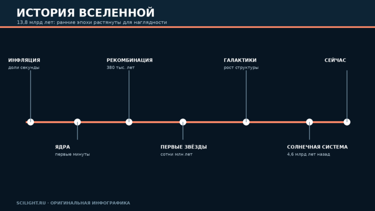 Хронология Вселенной от раннего горячего состояния до формирования галактик и Солнечной системы