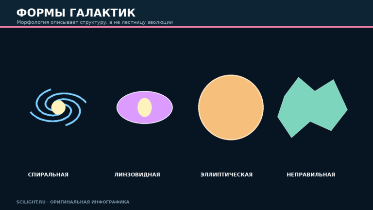 Сравнение спиральной, линзовидной, эллиптической и неправильной галактик
