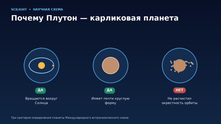 Плутон рядом с тремя критериями планеты: обращение вокруг Солнца, округлая форма и нерасчищенная окрестность орбиты