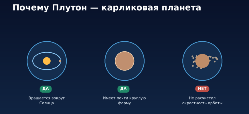 Плутон рядом с тремя критериями планеты: обращение вокруг Солнца, округлая форма и нерасчищенная окрестность орбиты
