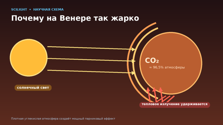 Схема парникового эффекта на Венере: солнечный свет нагревает поверхность, а плотная углекислая атмосфера удерживает тепловое излучение