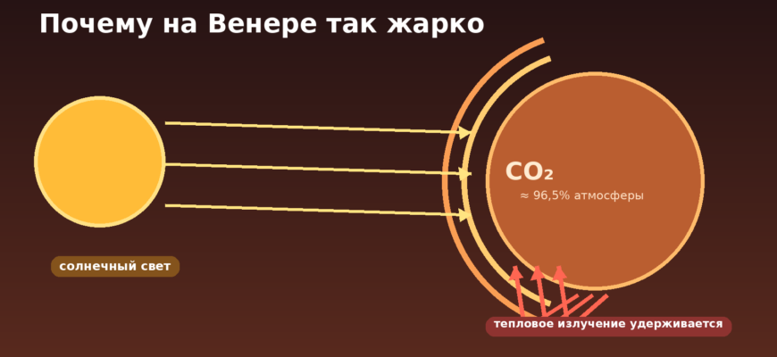 Схема парникового эффекта на Венере: солнечный свет нагревает поверхность, а плотная углекислая атмосфера удерживает тепловое излучение