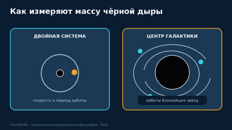 Две схемы показывают движение звезды в двойной системе и орбиты звёзд вокруг центральной чёрной дыры