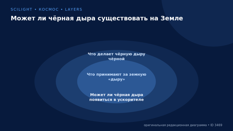 Схема к статье «Может ли чёрная дыра существовать на Земле»: Что делает чёрную дыру чёрной, Что принимают за земную «дыру», Может ли чёрная дыра появиться в ускорителе
