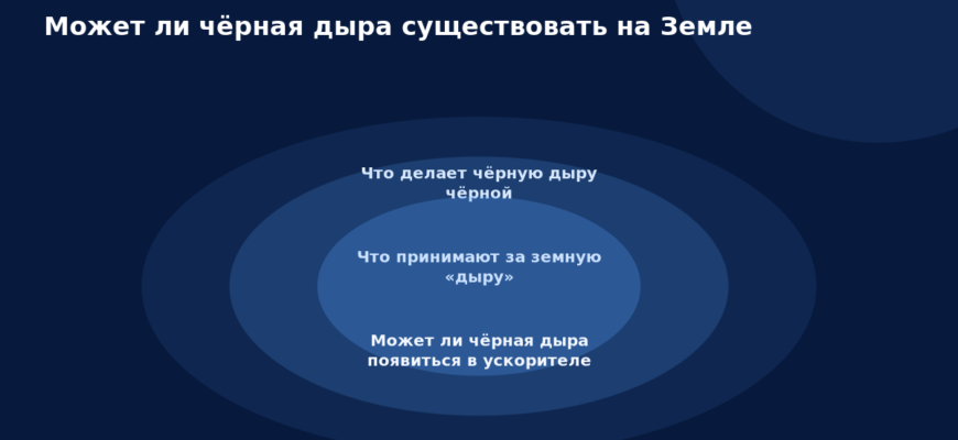 Схема к статье «Может ли чёрная дыра существовать на Земле»: Что делает чёрную дыру чёрной, Что принимают за земную «дыру», Может ли чёрная дыра появиться в ускорителе