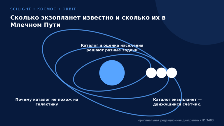 Схема к статье «Сколько экзопланет известно и сколько их в Млечном Пути»: Почему каталог не похож на Галактику, Каталог и оценка населения решают разные задачи, Каталог экзопланет — движущийся счётчик.