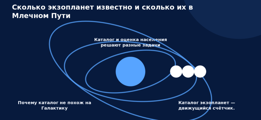 Схема к статье «Сколько экзопланет известно и сколько их в Млечном Пути»: Почему каталог не похож на Галактику, Каталог и оценка населения решают разные задачи, Каталог экзопланет — движущийся счётчик.